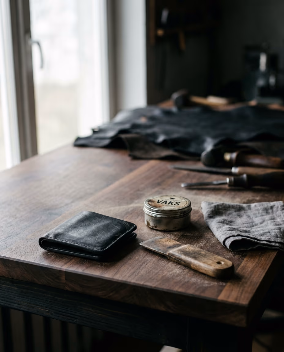 A worn leather wallet with restoration tools in the Riga atelier