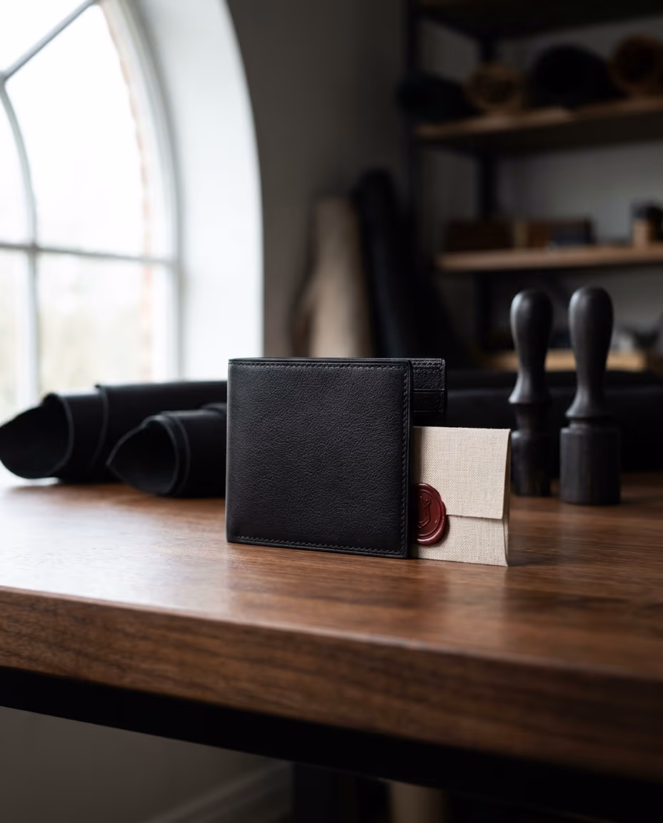 A reserved leather wallet with a wax-sealed card in the Riga atelier